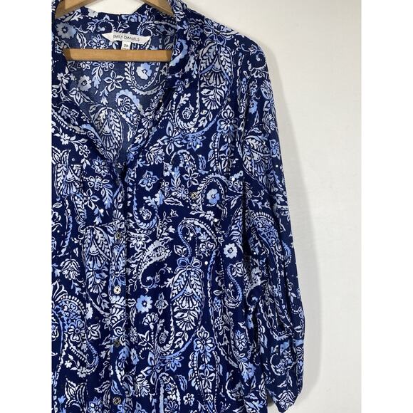 Emily Daniels Top 2X Blue Paisley Slinky Knit Travel Button Up Coastal Mature - Picture 2 of 13